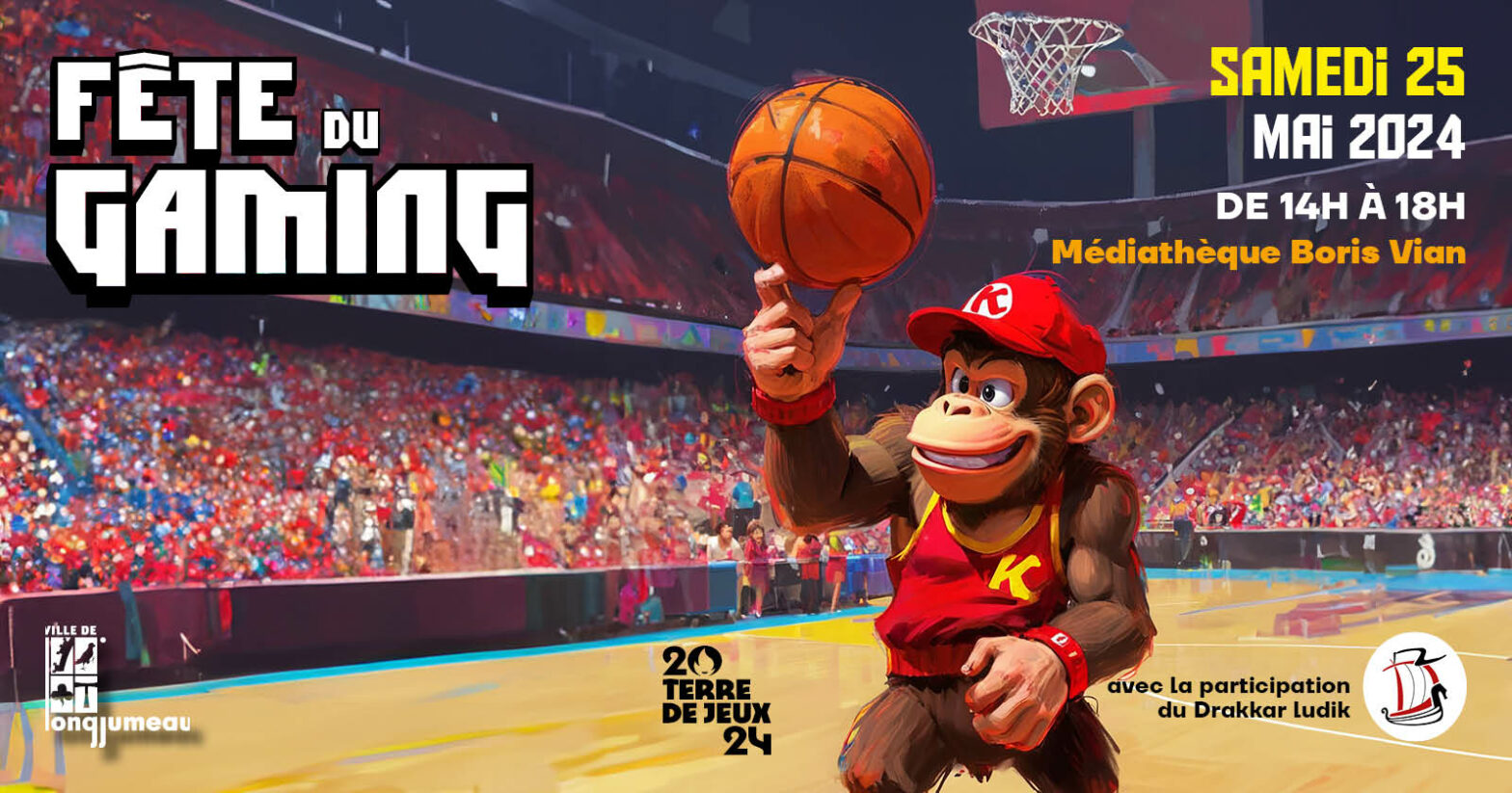 Donkey Kong tenant un ballon de basket sur un doigt.
